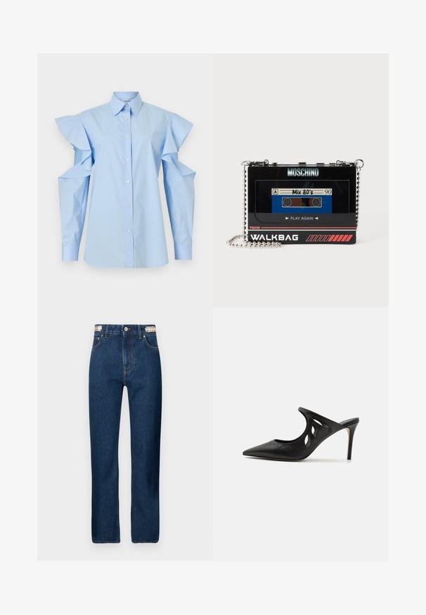 Svetlomodrá blúzka na zapínanie s ostrým golierom a dlhými rukávmi s výrezmi na ramenách a detailmi volánov.; Rabanne Džínsy s rovným strihom - dark blue denim; Čierne kožené vysoké špičaté papuče s výrezmi po stranách a hladkou textúrou. Stiletto podpätok a jemný steh.; Čierna obdĺžniková taška Moschino v tvare vintage kazetovej pásky so strieborným reťazovým remienkom a štítkom pásky "Mix 80's".