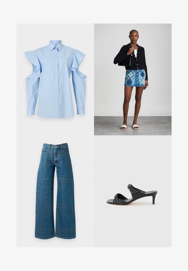 Blusa azul claro abotonada, con cuello puntiagudo y mangas largas que presentan hombros descubiertos y detalles de volantes.; Vaqueros de pierna ancha en denim azul medio con patrones de costura en contraste y múltiples diseños de bolsillos. Cintura alta con cierre de botón.; Sandalias negras con tacón y puntera cuadrada, hechas de cuero liso. Presentan tiras fruncidas y un tacón delgado para mayor elevación.; Cárdigan negro de punto, blusa blanca, falda de mezclilla con patrón de diamantes en azul y negro, bolso negro y sandalias deslizantes beige.