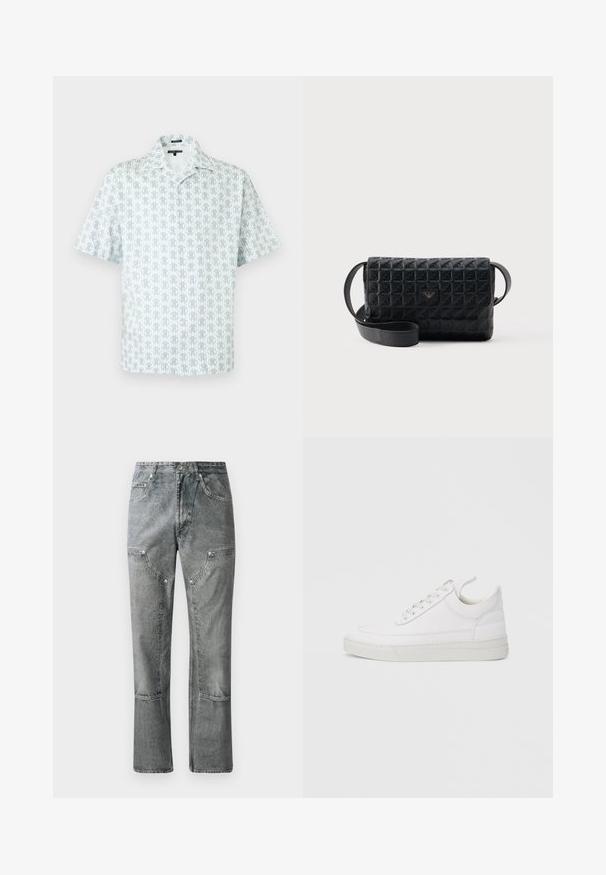 Kortærmet hvid skjorte med gråt geometrisk mønster over det hele og en afslappet krave.; Grå denimjeans med lige pasform, der har frontlommer, synlige sømme og en falmet finish. Materialet har en glat overflade.; Hvid lædersneaker med rundet tå, flad sål og snørebånd foran. Har syningsdetaljer og polstret krave for komfort.; Sort tekstureret crossbodytaske med klaplukning og et lille metallogo foran, vist mod en ensfarvet baggrund.