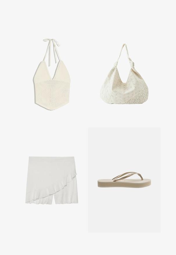 Haut dos nu tricoté couleur crème avec un profond décolleté en V et fermeture à nouer derrière la nuque, orné d'un motif ajouré sur la partie inférieure.; Shorts blancs en tissu texturé, avec un volant asymétrique sur un côté et un ourlet légèrement évasé.; Sandale tongs beige avec semelle texturée et bride en forme de Y métallique dorée sur fond blanc.; Sac à épaule en tissu couleur crème avec broderie florale à œillets et une seule bandoulière souple.