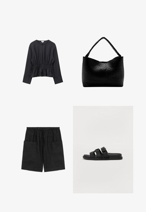 Blouse noire à manches longues avec encolure ronde, taille élastique froncée et ourlet légèrement évasé sur fond blanc.; Short noir mi-long avec taille élastique, cordon de serrage et grandes poches plaquées à l'avant des deux côtés.; Sandales noires à glissière avec trois sangles texturées, une semelle plate et un design minimaliste. La partie supérieure présente un motif tissé.; Sac à main tissé noir avec une anse unique tressée, forme rectangulaire et surface texturée brillante.