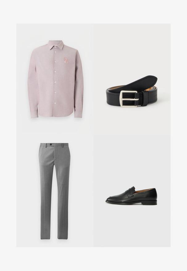 Camisa rosa claro de manga larga con botones, cuello y logo "EA" bordado en el pecho izquierdo.; Pantalones ajustados de color gris claro, confeccionados con una tela suave, que presentan un corte recto, pliegue frontal y un cierre de botón único en la cintura.; Mocasín de cuero negro con punta redonda, detalles de costura sutil y un tacón bajo, que presenta una textura suave y un diseño minimalista.; Cinturón de cuero negro enrollado con hebilla metálica rectangular plateada visible sobre un fondo liso y claro.