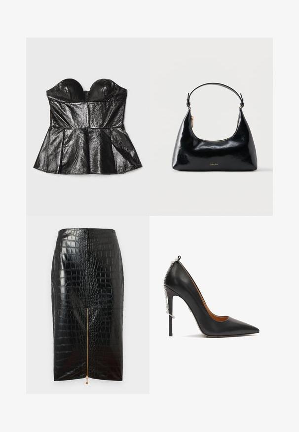 Sara Battaglia SWEETHEART - Top - black; Schwarzer Bleistiftrock aus Kunstleder mit Krokodilstruktur, ausgestattet mit einem zentralen goldenen Reißverschluss und glatter Oberflächenbeschaffenheit.; Schwarzer Leder-Pumps mit hohem Absatz, spitzer Zehenform, Ankerkettendetail und schlankem Stilettoabsatz. Glatte Textur mit kontrastierender Innenauskleidung.; Schwarze, glänzende Calvin Klein Handtasche mit goldfarbenem Reißverschluss und kurzem Trageriemen vor schlichtem weißem Hintergrund.