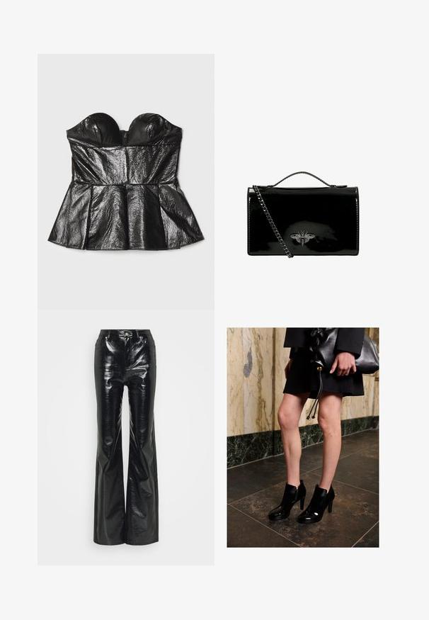 Sara Battaglia SWEETHEART - Top - black; Čierne umelé kožené nohavice s rozšírenými nohavicami a lesklým povrchom, s vysokým pásom, prednými vreckami a striebornými kovovými akcentmi.; Žena v čiernych členkových topánkach a čiernej sukni, drží veľkú čiernu koženú kabelku a stojí na tmavej dlažbe vedľa mramorovej steny.; Čierna laková kabelka s reťazovým popruhom, so zdobným kovovým emblemom včely na prednej strane. Obdĺžnikový tvar s lesklým povrchom.