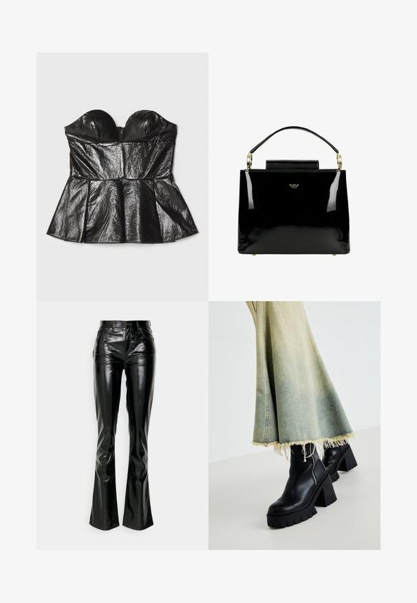 Sara Battaglia SWEETHEART - Topp - black; Gap Tall STRAIGHT PATENT - Püksid - true black; Mustad musta nahast pahkluu saapad koos paksu tekstuuriga tallaga, kombineeritud pleekinud teksaseelikuga, millel on rebendite servad. Küljel on lukuga detail.; Mustast lakist käekott, millel on struktureeritud disain, topelt käepide, kuldsed detailsed aksessuaarid ja väike esine klapp.