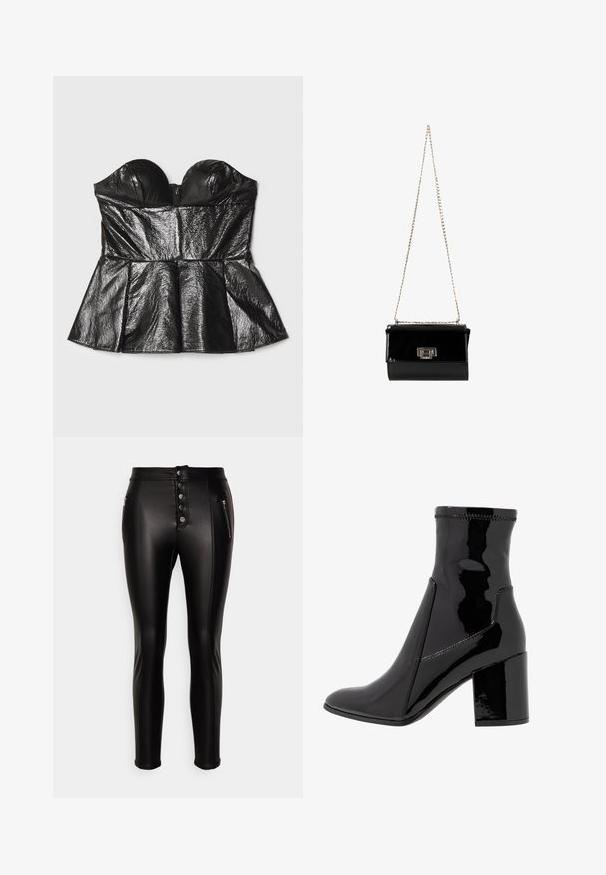 Sara Battaglia SWEETHEART - Top - black; ONLY Petite ONLSIGGA BUT - Nohavice - black; Čierne lakované členkové čižmy s hladkým povrchom, špicatou špičkou a pevným blokovým opätkom. Disponujú dizajnom bez zipsu a kontrastným prešívaním.; Čierna lakovaná kožená kabelka so zlatým reťazovým ramienkom, obdĺžnikového tvaru, s prednou klapkou a kovovým logom.