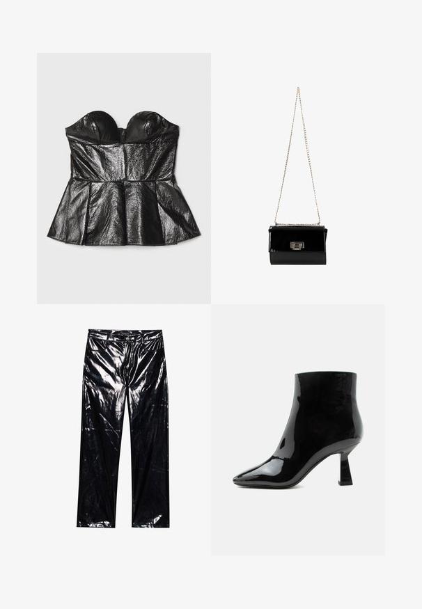 Sara Battaglia SWEETHEART - Top - black; Zwarte, glanzende, neplederen broeken met wijde pijpen, klassiek vijf-pocket ontwerp, knoop- en ritssluiting en glanzende textuur.; Zwarte glanzende lakleren enkellaars met spitse neus en uitlopende middelhoge hak op witte achtergrond.; Zwarte gepatineerde leren handtas met een gouden schouderband, rechthoekige vorm, voorzien van een flapsluiting aan de voorkant en een metallic logo accent.