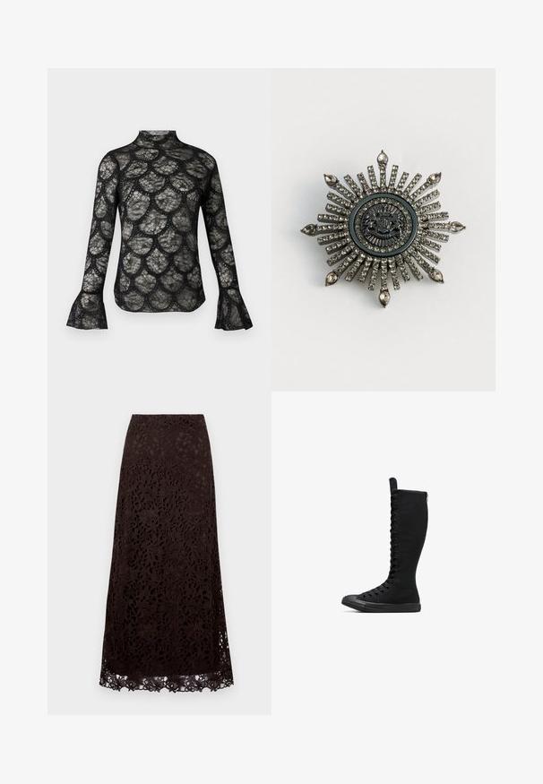 Sort blonde top med høj krave og flagrende lange ærmer, med et bølget mønster gennem hele stoffet.; Brun blonde midi-nederdel med blomster mønstre, en bølget kant og et tekstureret stof. Designet er detaljeret med en tætsiddende talje.; Sorte høje canvasstøvler med rund tå, lynlås og snørebånd foran. Har en tekstureret overflade og gummisål.; Stjerneformet brosche i sølvfarvet metal med klare rhinsten. Det centrale design har et rundt emblem med indviklede detaljer.