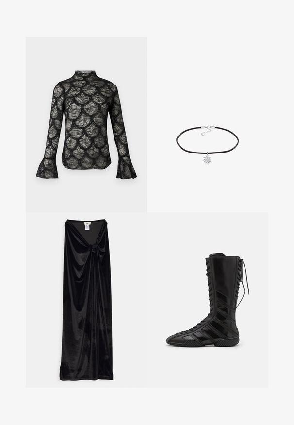 Schwarzes Spitzentop mit hohem Kragen und ausgestellten langen Ärmeln, durchgehend mit einem gewellten Muster im Stoff.; GmbH LONG SKIRT WITH A KNOT - Maxirock - black; Schwarze High-Top-Stiefel aus glänzendem synthetischem Material, mit einem aufwändigen Schnürdesign und diagonalen Streifenakzenten an den Seiten.; Schwarzes Choker-Halsband aus weichem Stoff, mit einem silbernen, sonnenförmigen Anhänger in der Mitte, verstellbarer Metallverschluss mit Kette.