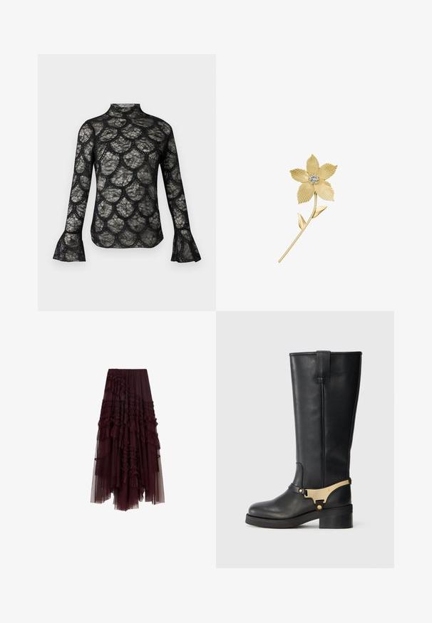 Zwart kanten top met een hoge kraag en uitlopende lange mouwen, met een geschulpte patroon in de hele stof.; Bordeaux tulle rok met gerimpelde lagen, elastische tailleband en variërende lengtes, met een zachte, lichte textuur.; Zwarte laarzen tot de knie van leer met een gouden metalen accentband, een chunky hak en een platte zool, voorzien van een versterkte achterkantlus.; Gouden bloemspeld met getextureerde bloembladen, twee bladeren aan de steel en een cluster van kleine heldere edelstenen in het midden.