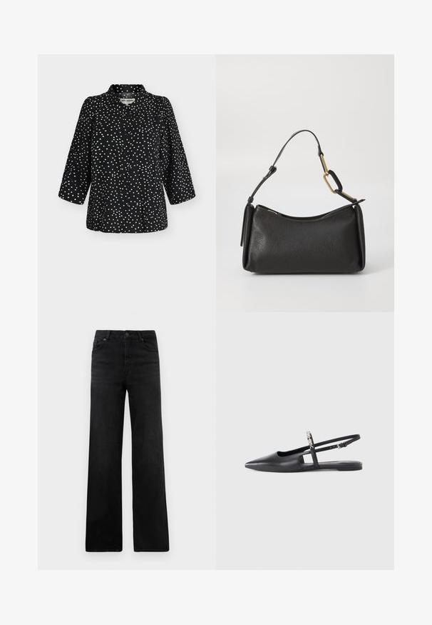 Lollys Laundry BONOLL SHIRT SS - Hemdbluse - black; Schwarze Jeans im weit geschnittenen Stil aus Denim mit klassischem Fünf-Taschen-Design, Knopfverschluss und subtiler Textur. Klare Linien und minimale Verzierungen.; Schwarzer Slingback-Flachschuh aus Leder mit spitzer Kappe, Ausschnitt-Detail und verstellbarem Riemen mit dekorativem Blumenakzent.; Schwarze Leder-Schultertasche mit strukturierter Oberfläche, geschwungener Form, kurzen Griff und goldenen Hardware-Akzenten. Mit Reißverschluss oben.