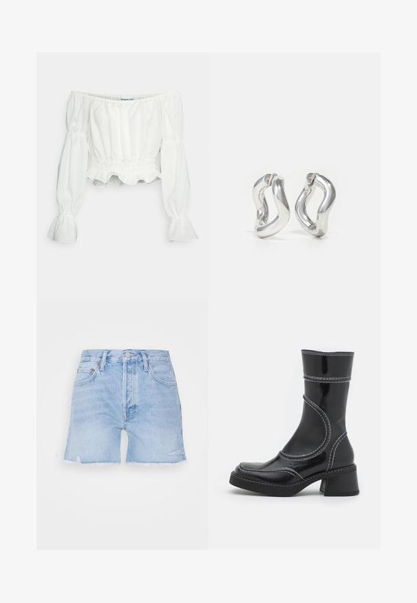 DESIGNERS REMIX VALERIE - Bluse - cream; Hellblaue Denim-Shorts mit fransigem Saum. Mit klassischem Fünf-Taschen-Design, Knopfverschluss und leichtem Used-Look.; Schwarze Lackleder-Ankle Boots mit weißen Nähten, abgerundeter Zehe und Blockabsatz. Besitzt geschwungene Designlinien und eine glatte Textur.; Silberne Creolen mit gedrehtem Design. Abgerundete Kanten und glänzende Oberfläche. Offen schließende Verschlüsse für einfaches An- und Ausziehen. Glatte Textur durchgehend.