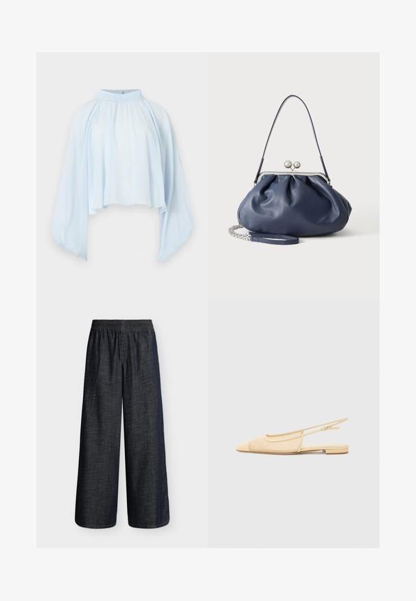 Blouse bleu clair à manches longues avec col montant, coupe ample et manches bouffantes resserrées aux poignets.; Pantalon bleu foncé à jambes larges avec taille élastique et sans poches visibles, présenté sur un fond clair uni.; Chaussure plate slingback en beige clair avec une tige en maille, un bout pointu et un petit talon. Dotée d'une sangle ajustable pour un bon maintien.; Sac à main en cuir bleu marine doux avec fermeture à boucle argentée, une seule bandoulière, et une chaîne de poignet amovible sur fond blanc.