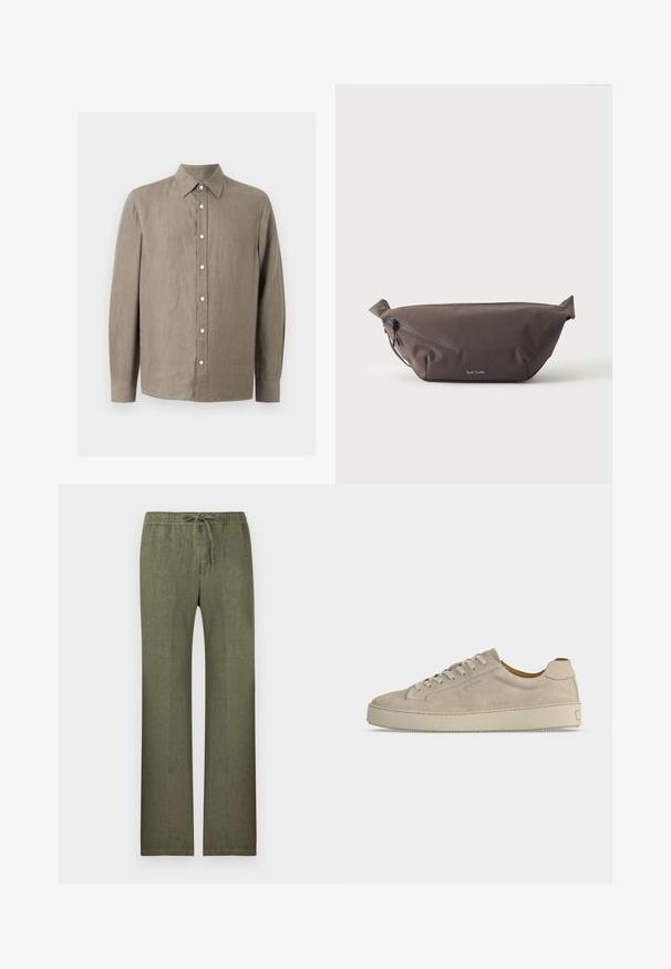 Chemise à manches longues, marron clair, boutonnée, avec col pointu et boutons blancs, en tissu de lin texturé.; Pantalon en lin vert olive avec jambes droites, taille élastique et cordon de serrage à l'avant.; Baskets basses beiges en daim avec fermeture lacée et semelle épaisse en caoutchouc, vues de profil sur fond blanc uni.; Sac banane en tissu marron foncé avec poche zippée en diagonale et petit logo blanc sur le devant, sur un fond clair uni.
