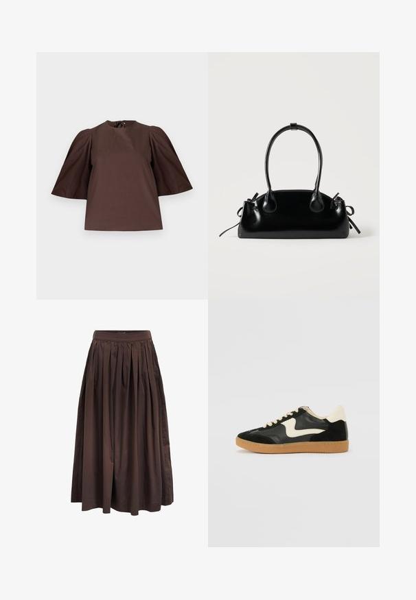 Blouse marron avec manches courtes bouffantes et col rond, présentée sur un fond gris clair uni.; Jupe midi plissée marron avec taille haute, fabriquée en tissu lisse, présentant une silhouette ample et des poches latérales pour plus de fonctionnalité.; Baskets en daim et cuir noir avec un swoosh latéral crème et un talon crème clair. Dotées de lacets beige et d'une semelle en caoutchouc gomme.; Petit sac à main noir brillant avec deux longues anses et des détails à cordon sur les côtés sur un fond clair uni.