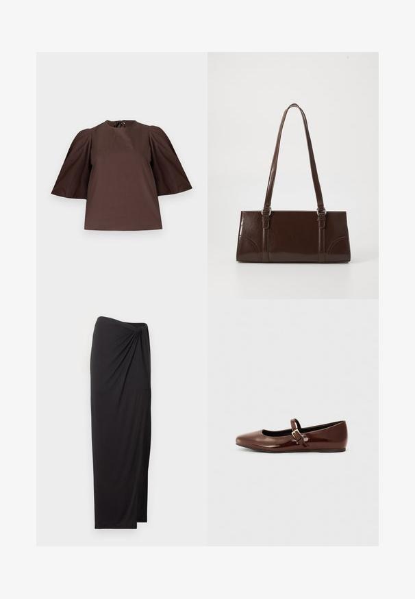 Bruine blouse met korte geplooide mouwen en een ronde hals, getoond op een effen lichtgrijze achtergrond.; Zwarte maxi rok met hoge taille, geplooide details aan één kant en een zijslit, gemaakt van lichtgewicht stof.; Bruine gepatineerde leren balletschoen met een vierkante neus en een bandje met een kleine gouden gesp. Gladde textuur, lage hak en minimalistisch ontwerp.; Bruine lakleren handtas met een rechthoekige vorm, twee lange handvatten en subtiele gebogen accenten aan de voorkant.