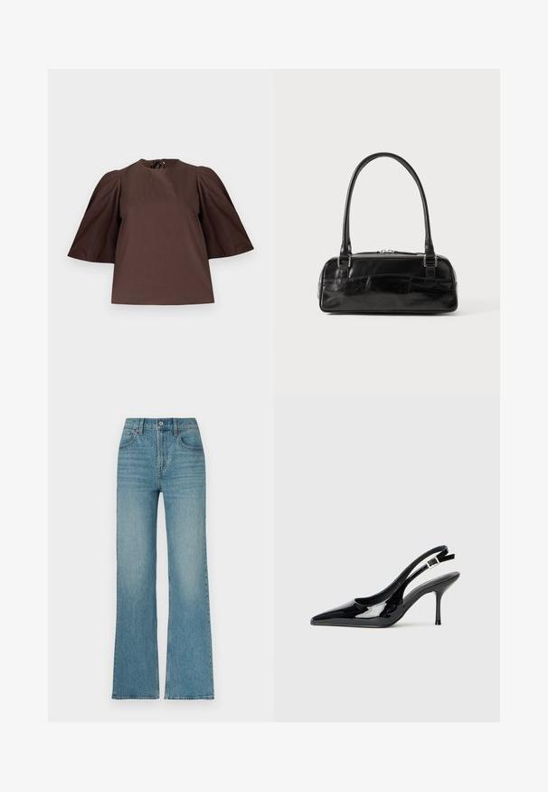 Braune Bluse mit kurzen Puffärmeln und rundem Ausschnitt, dargestellt auf einem einfachen hellgrauen Hintergrund.; Hellblaue Jeans mit ausgestelltem Bein, hohem Bund, dekorativen Nähten und klassischem Fünf-Taschen-Design. Glatte Textur und dezente Verwaschung.; Schwarze Lackleder Slingback-Pumps mit einer spitzen Zehe und schlankem Absatz. Mit einem verstellbaren Schnallenriemen hinten. Glatte Textur.; Schwarze Lederhandtasche in rechteckiger Form, mit einem stabilen Griff, silbernem Zubehör und Reißverschluss. Glatte Textur.
