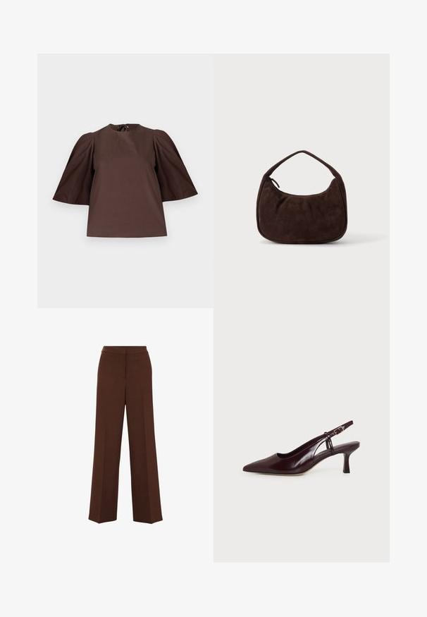 Blusa marrón con mangas cortas abullonadas y escote redondo, mostrada sobre un fondo liso de color gris claro.; Pantalones de pierna ancha marrones con una textura suave, que cuentan con una cinturilla estructurada y detalles de pliegue sutiles que recorren la parte delantera.; Salón de mujer con talón de tira de cuero marrón oscuro, puntera puntiaguda, tacón bajo de tipo «kitten» y correa ajustable con hebilla dorada, mostrado sobre fondo blanco.; Bolso de ante marrón oscuro con una correa corta y forma rectangular redondeada sobre un fondo liso y claro.