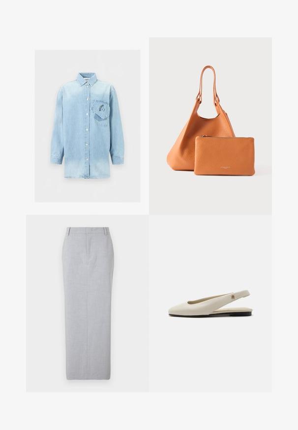 Hellblaues Jeanshemd mit langen Ärmeln, Knopfverschluss und zwei überlappenden Brusttaschen, eine schräg mit schwarzem Logotext.; Grauer maßgeschneiderter Bleistiftrock aus glattem Stoff. Hat einen geraden Schnitt, flache Vorderseite und keine sichtbaren Taschen.; cremefarbiger Lederslingback-Flachschuh mit rundem Zehenbereich und kleinem goldfarbenem Emblem am Riemen.; Orangefarbener Ledertaschen-Shopper mit strukturierter Oberfläche und doppelten Griffen, dazu eine passende Reißverschlusstasche. Beide Artikel sind glatt und minimalistisch.