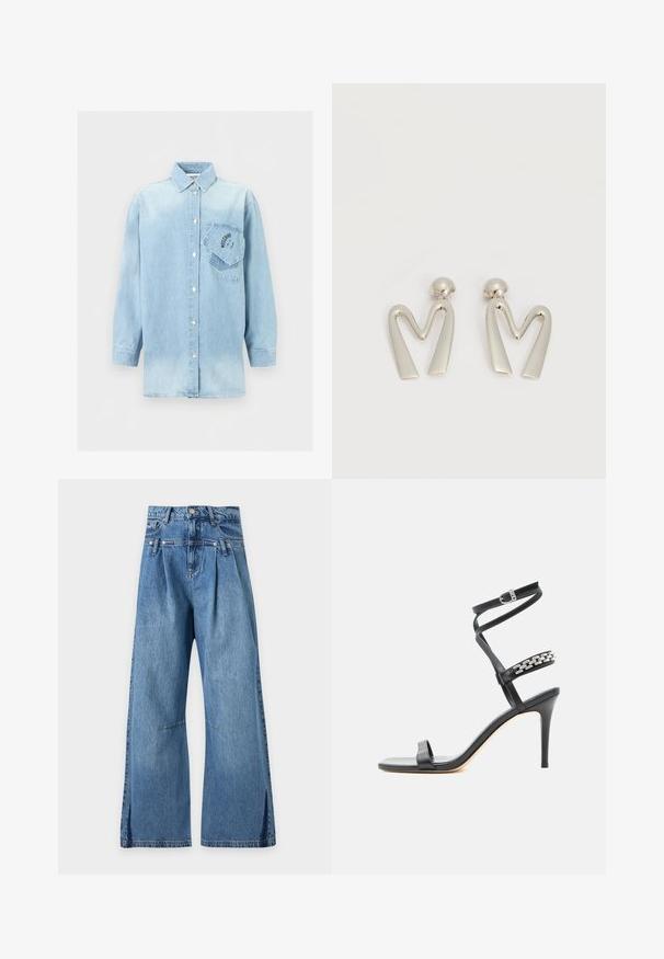Chemise en denim bleu clair à manches longues avec fermeture à boutons et deux poches poitrine superposées, dont une inclinée avec un logo texte noir.; Jean bleu taille haute à jambes larges, avec des plis sous la ceinture et des surpiqûres horizontales discrètes au niveau des cuisses, présenté sur un fond uni.; Sandale noire à talon haut avec fine bride à la cheville, bride médiane décorée de maillons de chaîne argentés, et design à bout ouvert.; Paire de boucles d'oreilles en métal argenté en forme de lettre M angulaire avec des tiges arrondies sur fond blanc.