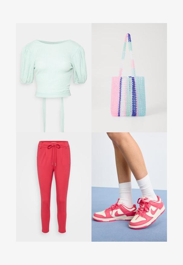Gina Tricot Petite SAGE - Toppi - ice morn; ONLY Petite ONLPOPTRASH LIFE EASY - Housut - viva magenta; Nike-kengät vaaleanpunaisella ja kermansävyisellä nahalla, rei'itetty varvas, nauhat ja valkoiset sukat. Sivussa ja kannassa logo, litteä pohjarakenne.; Värikäs olkalaukku, joka on valmistettu läpinäkyvistä helmiä. Siinä on raitoja vaaleanpunaisena, vihreänä, sinisenä ja valkoisena. Kaksi tukevasti helmistä tehtyä kahvaa.