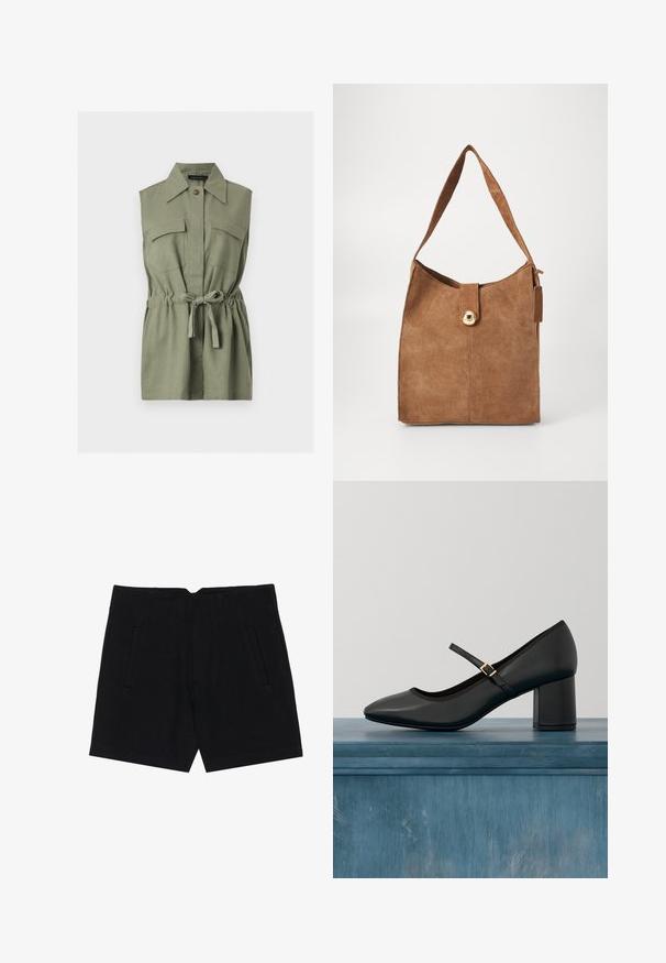 Vestido camisero sin mangas en verde oliva con cuello puntiagudo, dos bolsillos de solapa en el pecho, cierre de botones y cinturón ajustable en la cintura.; Pantalones cortos negros de tejido suave, con bolsillos laterales, un ajuste entallado y pliegues estructurados en la parte frontal para una silueta limpia.; Zapato negro tipo Mary Jane con tacón cuadrado y tira de hebilla dorada, flotando sobre un suelo de hormigón liso en un ambiente interior minimalista.; Bolso de hombro de ante marrón con una sola correa, que presenta un cierre en tono dorado y una textura suave. Diseño minimalista con una base plana.