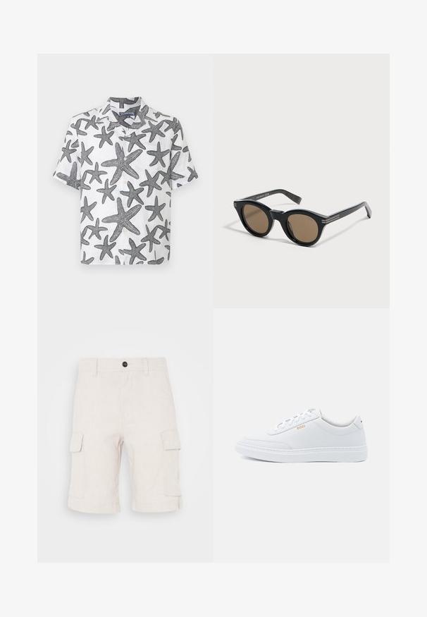 Chemise à manches courtes en tissu blanc avec des motifs d'étoiles de mer noirs. Patte de boutonnage et design de col. Matériau en lin léger.; Shorts cargo beiges en tissu léger, dotés de deux poches latérales et d'un ourlet replié. Fermeture à bouton à la taille.; Baskets blanches en cuir avec une texture lisse, bout rond et coutures tonales. Possède des lacets bleus et un logo doré sur le côté.; Lunettes de soleil rondes noires avec des montures épaisses et des verres marron, posées sur une surface blanche légèrement inclinée vers la droite.