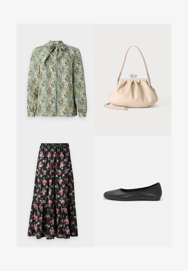Langærmet bluse med knytning i halsen, lavet af letvægtsstof med et flerfarvet blomstret og abstrakt mønster på en lys baggrund.; Lang sort nederdel med et lagdelt design, der har et blomstermønster af pink roser og grønne blade, lavet af letvægtsstof. Elastisk talje.; Sort læderballetsko med rund tå, glat tekstur, minimal syning og et fleksibelt såldesign.; Beige blød læderhåndtaske med en sølv metalramme-lukning, enkelt skulderstrop og en valgfri kæderem på en hvid baggrund.