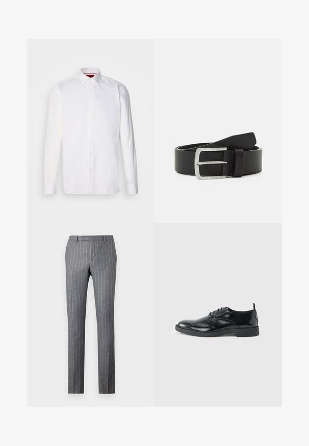 Camisa blanca de manga larga hecha de algodón, con un collar clásico, placket frontal con botones y una textura suave. Detalle interior del collar en rojo.; Pantalones a rayas gris claro hechos de una tela texturizada, que presentan un diseño clásico, un corte recto y dos bolsillos frontales.; Zapato de vestir negro de cuero brillante con tacón bajo, cierre de cordones y puntera redonda, mostrado de lado sobre un fondo claro y liso.; Cinturón de cuero negro con una textura suave, hebilla de metal plateado y un solo lazo para ajuste. Presenta un diseño limpio y clásico.