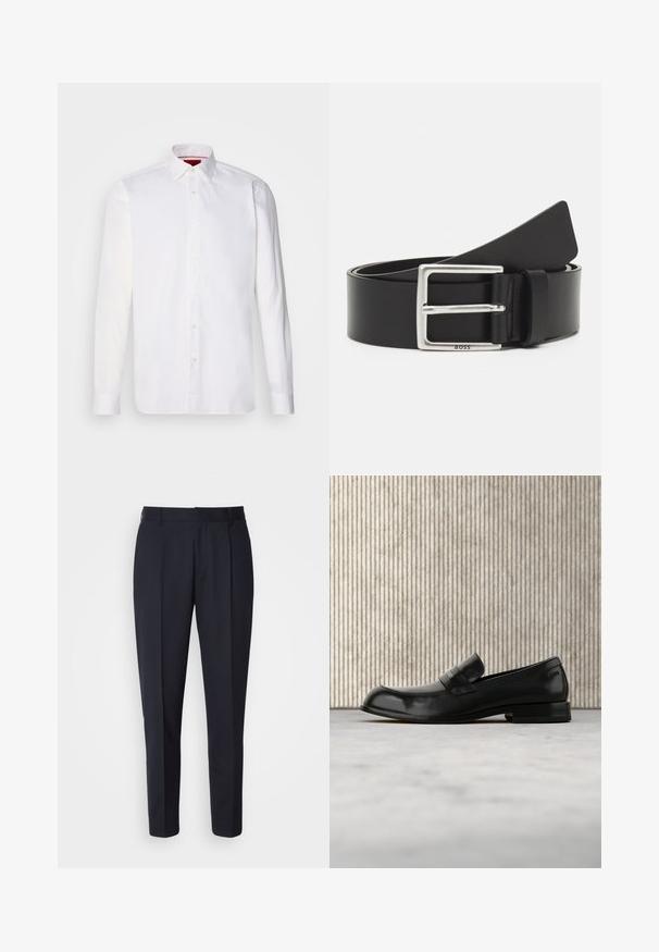 Chemise blanche à manches longues en coton, avec un col classique, une patte de boutonnage à l'avant et une texture lisse. Détail rouge à l'intérieur du col.; BOSS PERIN - Pantalon classique - navy; Mocassin en cuir noir avec un accent métallique, présenté en lévitation au-dessus d'un tapis beige, avec une table ronde de couleur ambre en arrière-plan.; Ceinture en cuir noir avec une boucle rectangulaire en argent, dotée d'un logo discret et d'une texture lisse. Les extrémités se terminent en rondeur.