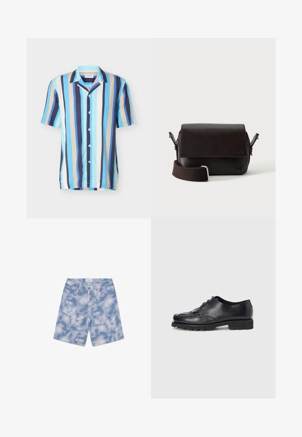 Herren-Kurzarmhemd mit vertikalen Streifen in Blau, Beige, Weiß und Marineblau, mit klassischem Kragen.; Hellblaue Jeansshorts mit Wolkenmuster. Aus Baumwolle gefertigt, verfügen sie über ein klassisches Fünf-Taschen-Design und einen Knopfverschluss.; Schwarze Leder-Schnürschuhe mit strukturierter Vorderseite, robuster Sohle und seitlichen Nähten, mit rundem Zehenbereich und minimalistischem Design.; Dunkelbraune Leder-Umhängetasche mit Klappenverschluss und verstellbarem Stoffriemen auf weißem Hintergrund.