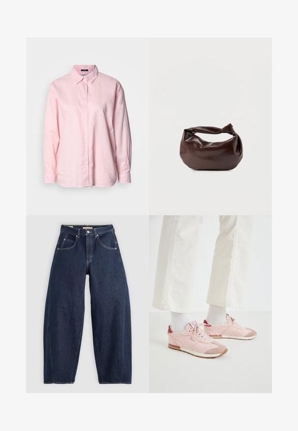 Lyserød skjorte med knapper fremme, lavet af hør, med krave, lange ærmer og diskret logo-broderi på brystet. Glat tekstur, afslappet pasform.; Mørkeblå denim jeans med løs pasform, lyse syninger, fem lommer og en knaplukning ved taljen.; Lyserøde atletiske sko med en kombination af glatte og teksturerede materialer. Funktioner inkluderer en mørkerød detalje ved hælen og en hvid gummisål.; Mørkebrun læder skuldertaske med en blød, afslappet form og et snoet knudehåndtag på en ensartet hvid baggrund.