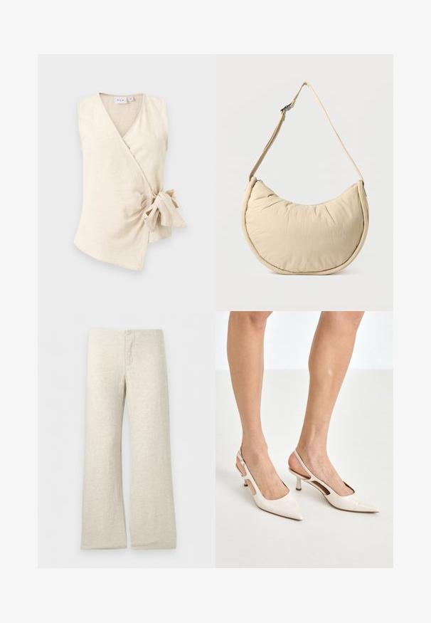 Mouwloze beige wikkeltop met V-hals en zijstrikdetail, gemaakt van zachte, lichte stof met een subtiele textuur.; Beige linnen broek met wijde pijpen, voorzien van een platte tailleband en gestikte gulp, afgebeeld op een effen witte achtergrond.; Beige gepatineerde leren slingback hakken met een spitze neus en een hak van 5 cm, met uitsparingen aan de zijkanten en een dunne enkelband.; Beige schoudertas in halve maanvorm met een zachte, gewatteerde textuur. Voorzien van een verstelbare riem en een ritssluiting langs de bovenkant.
