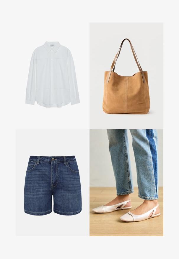 Chemise blanche à manches longues avec boutons, en tissu lisse, dotée d'un col classique, de deux poches avant et de poignets froncés.; Shorts en denim bleu foncé avec bouton frontal, fermeture éclair, passants pour ceinture et poches avant, présentés sur un fond blanc.; Ballerines slingback rose pâle avec un bout pointu, fabriquées en un matériau semblable au cuir lisse. Présentent des découpes sur les côtés et un talon plat.; Sac fourre-tout en daim beige avec de longues anses en cuir marron clair, texture douce et couture simple sur un fond blanc uni.