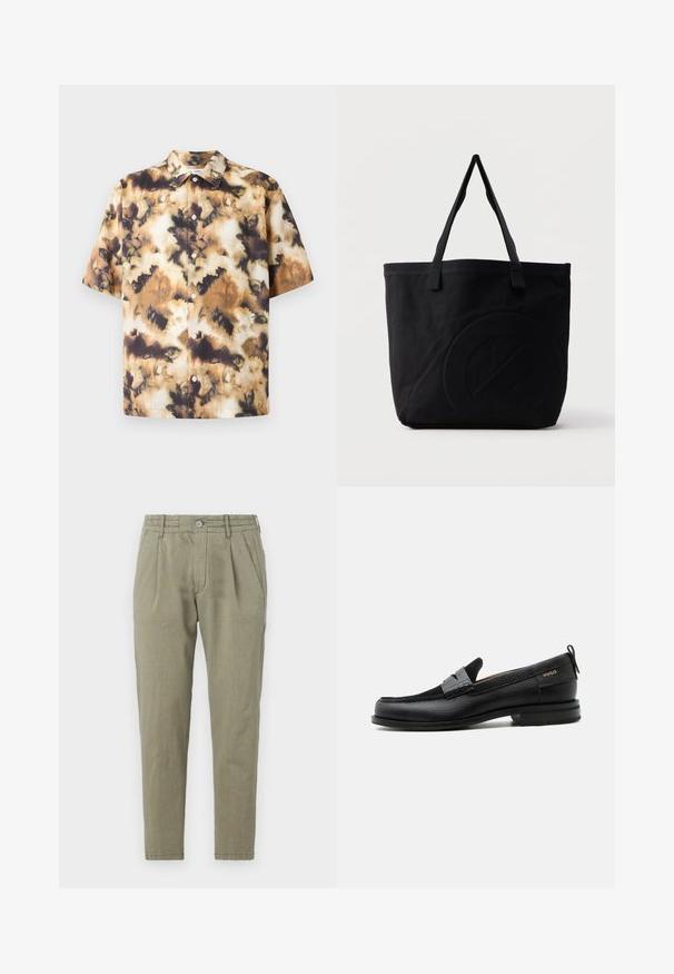 Samsøe Samsøe SAAYO SHIRT - Chemise - collage cameo; Pantalon tapered vert clair en tissu texturé, avec fermeture à bouton, devant plissé et poches latérales.; Mocassin en cuir noir avec détail de bride grise, talon bas et semelle texturée, marqué "HUGO" en or sur le côté.; Sac fourre-tout en toile noire avec deux bandoulières et un motif circulaire discret en relief sur le devant.