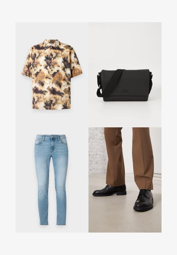Samsøe Samsøe SAAYO SHIRT - Chemise - collage cameo; Jean skinny bleu clair en denim, avec taille mi-haute, cinq poches et un léger dégradé sur les cuisses. Fermeture à bouton à la taille.; Chaussures en cuir noir avec une surface lisse et un bout arrondi, dotées d'un système de laçage et d'une semelle plate et basse. Associées à un pantalon marron.; Lacoste MESSENGER BAG MEN CLASSIC - Sac bandoulière - noir