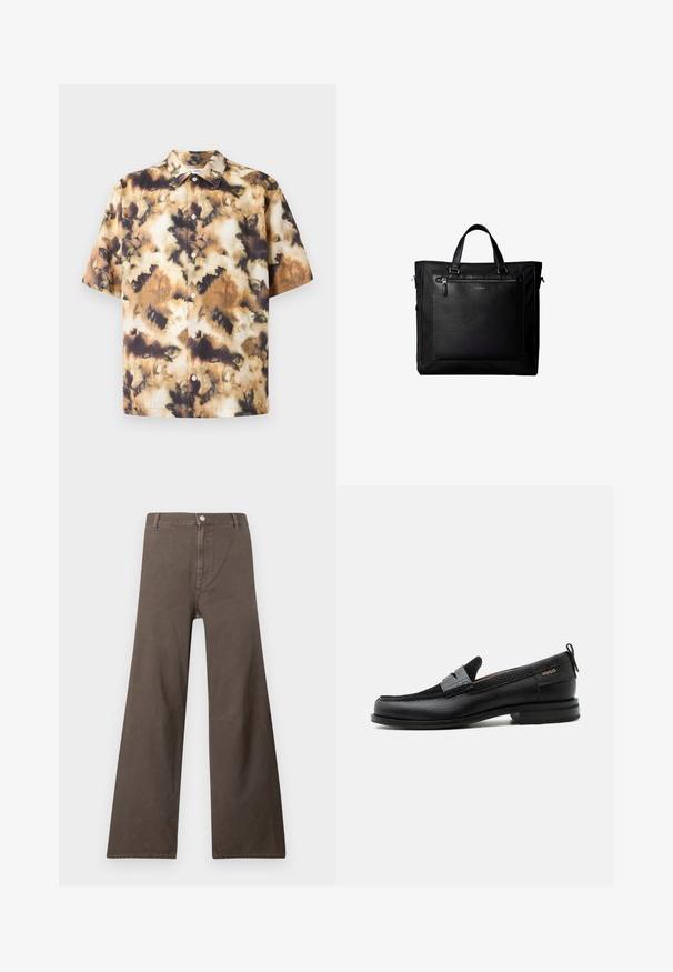 Samsøe Samsøe SAAYO SHIRT - Πουκάμισο - collage cameo; Καφέ παντελόνι με πλατιά μπατζάκια, ψηλή μέση, κλείσιμο με κουμπί, θηλιές για ζώνη και ορατές ραφές στα μπατζάκια.; Μαύρος δερμάτινος λόφερ με γκρι λουράκι, χαμηλό τακούνι και υφασμένο πέλμα, με το λογότυπο "HUGO" σε χρυσό στο πλάι.; Μαύρη τσάντα ώμου με διπλές χειρολαβές, μεγάλη μπροστινή δερμάτινη τσέπη με φερμουάρ και διακριτικό λογότυπο Calvin Klein στο κέντρο της τσέπης.