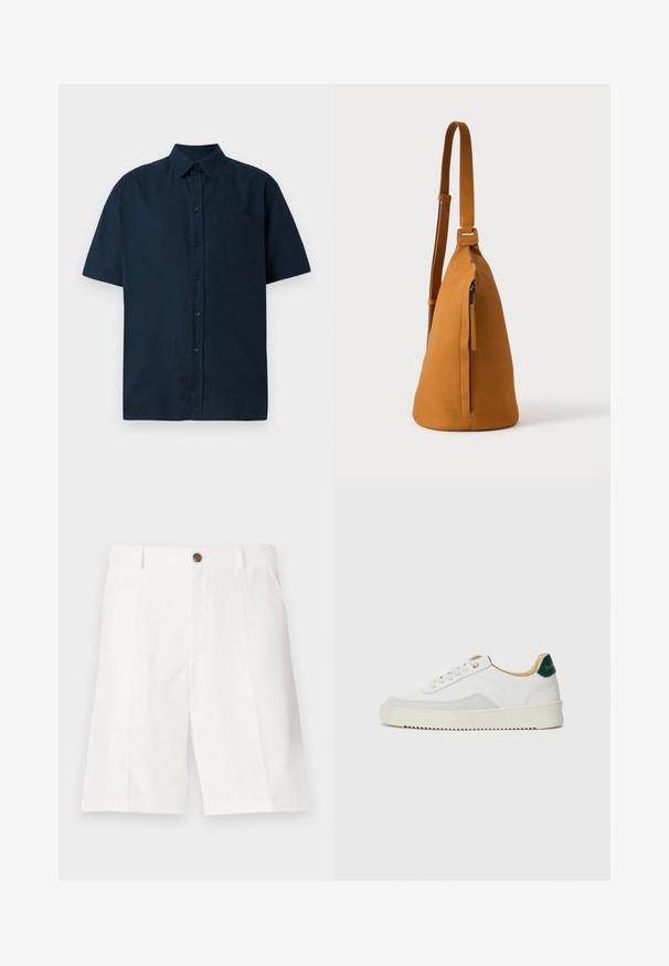 Korte mouwen, knoopshirt in donkerblauw, gemaakt van gestructureerd katoen, met een enkele borstzak en vijf knopen aan de voorkant.; Witte bermuda shorts van lichtgewicht stof met een relaxte pasvorm, voorzien van een enkele bruine knoop en voorzakken.; Witte sneaker met suède accenten, ronde neus, platte veters en een crème rubberen zool. Bevat groene branding op de hiel.; Lichtbruine leren schoudertas met verstelbare band en verticale ritszak, zijaanzicht tegen een effen lichte achtergrond.