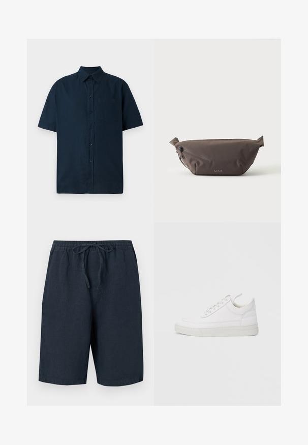 Kortærmet, button-up skjorte i mørk marineblå, lavet af tekstureret bomuld, med en enkelt brystlomme og fem knapper foran.; Mørkeblå linnedshorts med elastisk talje og justerbar snor. Har sidelommer og en afslappet pasform.; Hvid lædersneaker med rundet tå, flad sål og snørebånd foran. Har syningsdetaljer og polstret krave for komfort.; Mørkebrun stof talje taske med diagonalt lynlåslomme og lille hvidt logo på fronten, sat mod en ensfarvet lys baggrund.
