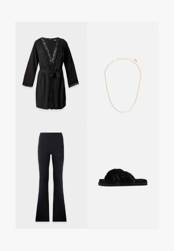 Schwarze knielange Robe mit langen Ärmeln, Spitzenbesatz entlang des Ausschnitts, der Manschetten, der Vorderkanten und einem gebundenen Taillengürtel.; Schwarze, hoch taillierte Hose mit leicht ausgestelltem Bein und einem V-förmigen Nahtdetail am Bund.; Schwarze, pelzige Slipper-Sandalen mit einer weichen Textur, offener Zehenpartie und flacher schwarzer Sohle. Keine sichtbaren Beschläge oder Muster.; Halskette aus goldfarbenem Metall mit einem schlanken, gedrehten Design, einem Verschluss und verstellbarer Länge. Glatte Textur und glänzende Oberfläche.