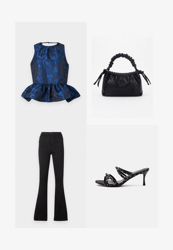 Haut en jacquard floral bleu avec un ourlet à basque plissé, design sans manches, encolure ronde et fermeture par bouton au dos.; Jean noir évasé en denim avec une texture lisse. Détail remarquable : petits clous sur le devant. Fermeture par bouton à la taille.; Sandale noire à talon haut avec des pois blancs, bout ouvert et fines lanières croisées sur un fond clair uni.; Sac à main noir avec texture crocodile, bord supérieur froncé, poignée plissée et pompons à cordon de chaque côté sur fond blanc.
