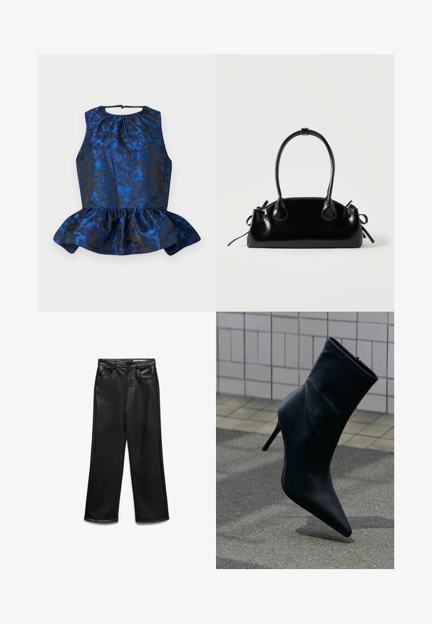 Blaues florales Jacquard-Top mit plissiertem Peplum-Saum, ärmellosem Design, rundem Ausschnitt und Knopfverschluss am Rücken.; Schwarze weite Hose aus Kunstleder mit Fronttaschen, Gürtelschlaufen und dezentem Glanz. Glatte Textur und maßgeschneiderte Passform.; Schwarzer Leder-Stiefelette mit spitzer Schuhspitze und hohem Stiletto-Absatz auf gefliestem Gehweg und Asphaltboden im Hintergrund.; Kleine schwarze glänzende Handtasche mit zwei langen Griffen und seitlichen Kordelzug-Details vor einfachem hellem Hintergrund.