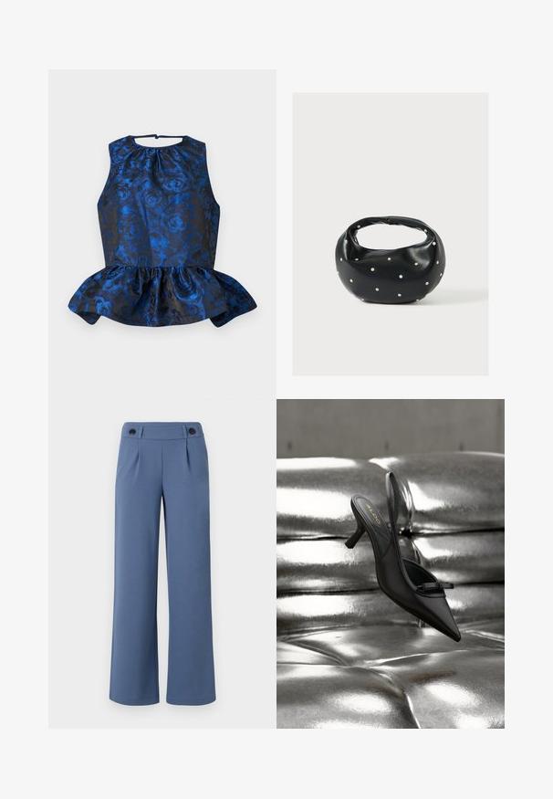 Haut en jacquard floral bleu avec un ourlet à basque plissé, design sans manches, encolure ronde et fermeture par bouton au dos.; Pantalons larges bleus en tissu lisse, avec une taille plate, deux plis et deux boutons noirs à la taille.; Chaussure à talon noire à bout pointu et bride arrière, avec un petit nœud, reposant sur un revêtement en cuir argenté brillant matelassé.; Sac à main en cuir noir de forme arrondie, décoré de clous argentés et équipé d'une poignée courte. Texture lisse et fermeture éclair.