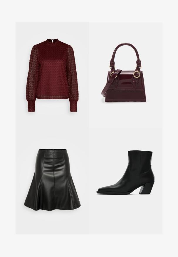 ONLY ONLNICE HIGHNECK - Blúzka - maroon banner; ONLY ONLELLINOR SKIRT - Skladaná sukňa - black; Čierna kožená členková topánka s špicatou špičkou, elegantným siluetou a masívnym štvorecovým podpätkom. Hladký povrch s minimálnymi švovými detailmi.; Burgundská kabelka z lakovanej kože so štruktúrovaným tvarom, dvojitým držadlom a nastaviteľným popruhom. Obsahuje hardvér v zlatej farbe a prešívané akcenty.