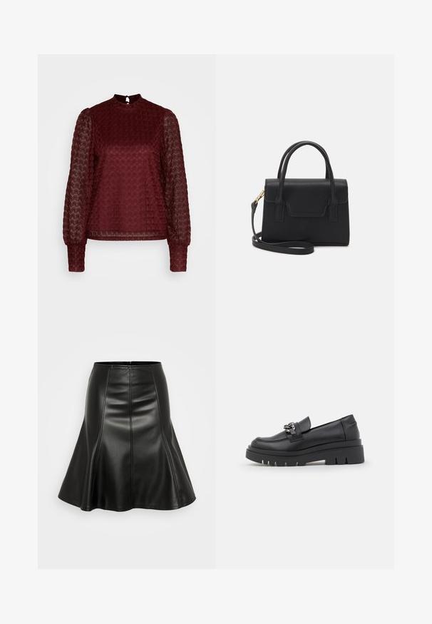 ONLY ONLNICE HIGHNECK - Blúzka - maroon banner; ONLY ONLELLINOR SKIRT - Skladaná sukňa - black; Čierne loafrové topánky s robustnou platformou, hladkým koženým vrchom, dekoratívnym reťazovým doplnkom a mierne zdvihnutou pätou s výrezom.; Čierna štruktúrovaná kabelka z kože s horným uchom, odnímateľným ramenným popruhom a predným uzáverom. Akcenty v zlatej farbe.