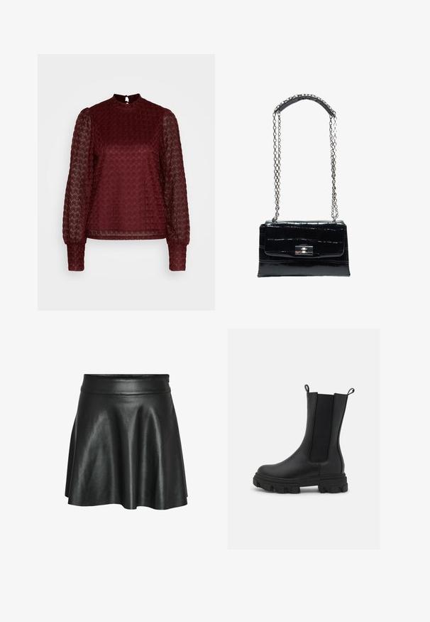 ONLY ONLNICE HIGHNECK - Bluse - maroon banner; Sort nederdel i kunstlæder med et udvidet A-linje design, der har en glat, skinnende overflade og en tætsiddende talje.; Sort Chelsea-støvle lavet af læder og elastisk stof, med en kraftig gummisål med fremtrædende mønster og trækflapper for nem påtagning.; Sort håndtaske i krokodilletekstureret læder med sølvfarvet drejelås og lang sølvkæde med læder skulderpude.