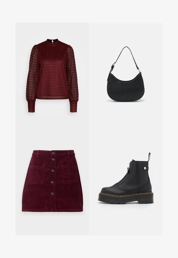 ONLY ONLNICE HIGHNECK - Bluse - maroon banner; Burgunderfarvet kordfløjlsskjorte med høj talje, fem frontknapper og to forlommer; tekstureret stof med lodret ribbede mønster.; Sort ankelstøvle lavet af glat læder, med en lynlås i siden, gul syning og en tyk, rillet gummisål.; Sort hobo taske lavet af glat læder med en buet silhuet, der har en enkelt justerbar skulderrem og minimalistiske designdetaljer.
