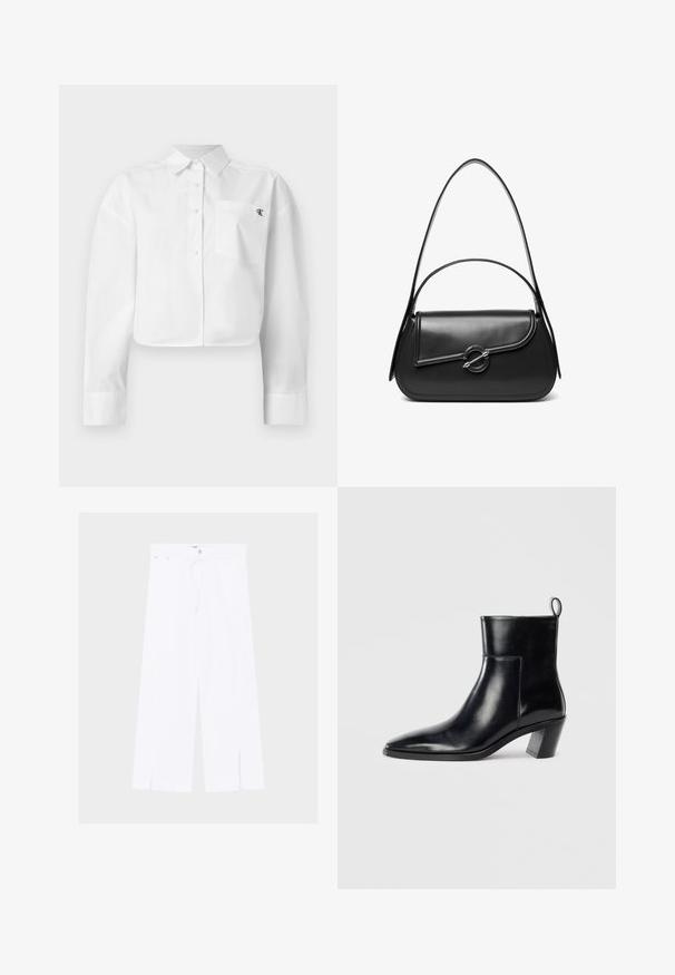 Camisa blanca corta de manga larga con botones, cuello puntiagudo y bolsillo en el pecho con pequeño logo negro "ck".; Pantalones blancos de pierna ancha con aberturas delanteras en el bajo, cierre de botón y cremallera, y cinturilla estrecha con trabillas.; Botín de piel negra hasta el tobillo con punta afilada, tacón apilado geométrico y una lengüeta en la parte posterior. Textura suave y diseño elegante.; Bolso de hombro de cuero negro con una solapa curva asegurada por un broche metálico redondo y una correa delgada y ajustable.