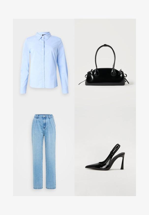 Lichtblauw overhemd met lange mouwen, subtiele witte krijtstrepen en een spitse kraag, weergegeven op een effen achtergrond.; Lichtblauwe denim jeans met een hoge taille, geplooide voorkant en rechte pijpen. Voorzien van een metalen knoop- en ritssluiting, rauwe zoomranden.; Zwarte gepatineerde leren slingback pump met puntige neus, slanke hoge hak en dubbele elastische band voor een veilige pasvorm. Gladde, glanzende oppervlakte.; Kleine zwarte glanzende handtas met twee lange hengsels en zijkant trekkoord details op een effen lichte achtergrond.