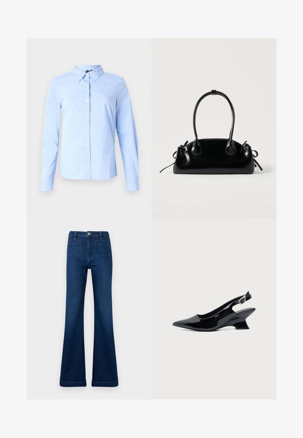 Chemise bleu clair à manches longues avec fines rayures blanches et col pointu, présentée sur un fond uni.; Jean évasé bleu foncé en denim, doté d'une taille haute, de deux poches arrière et de coutures contrastantes le long des coutures.; Chaussure slingback en cuir verni noir avec bout pointu et petit talon bloc incliné sur fond clair uni.; Petit sac à main noir brillant avec deux longues anses et des détails à cordon sur les côtés sur un fond clair uni.